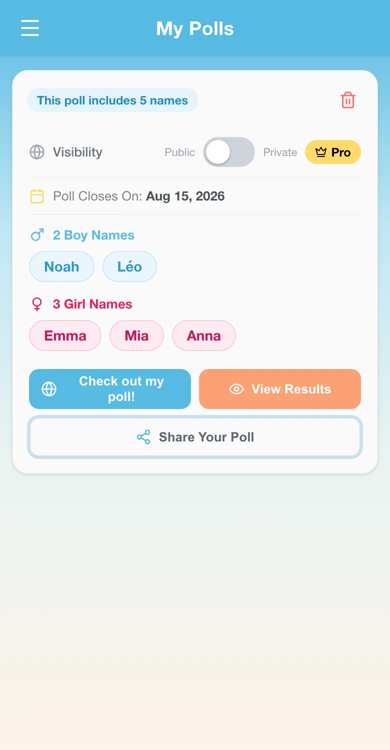 Condivisione di un sondaggio sui nomi tramite l'app Nome del Bambino in 2
